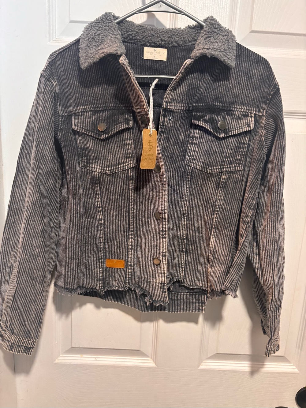 Simply Southern Gray Corduroy Sherpa-Lined Jean Jacket